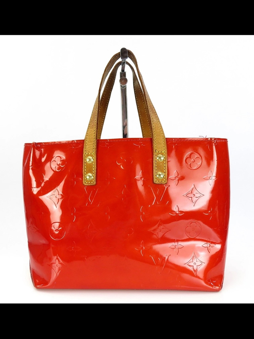 Louis Vuitton Bright Red Vernis Patent Tote with Tan Handles
